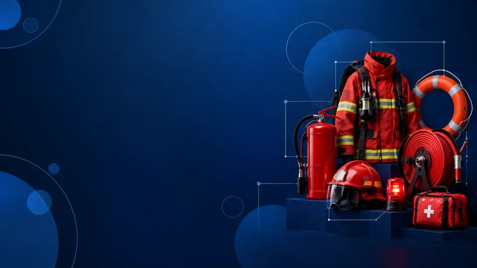 Fire safety kit: firefighter jacket, extinguisher, helmet, hose reel, lifebuoy and first-aid bag